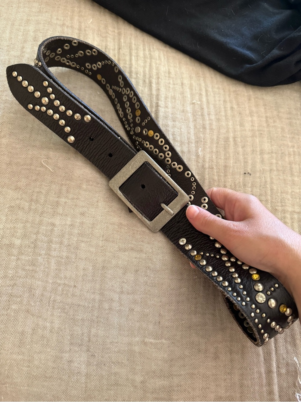 Free People Black Studded Faux Leather Belt with Silver Buckle